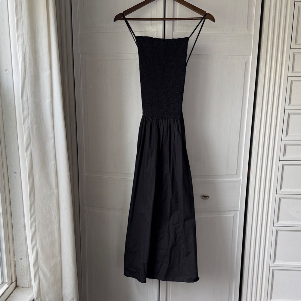 Black Poplin Cotton Dress with Smocked Bodice and Spaghetti Straps